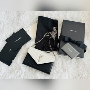 Yves Saint Laurent Chevron Quilted Grained Leather Envelope Wallet on Chain Bag